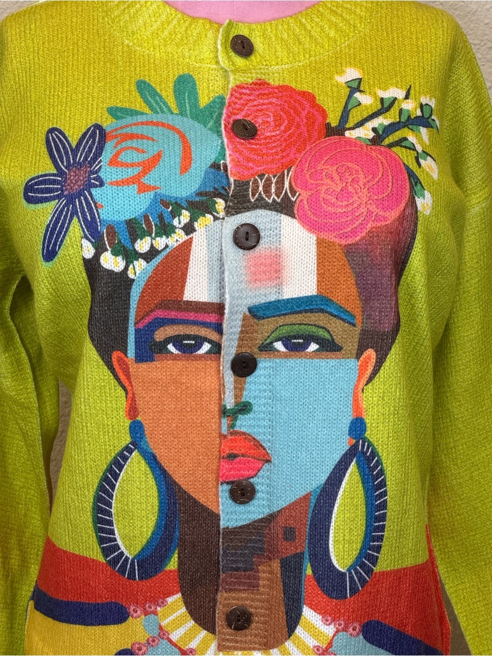 Colorful Art Knit Sweater XL Abstract Face Floral Wearable Art Statement - Picture 3 of 9